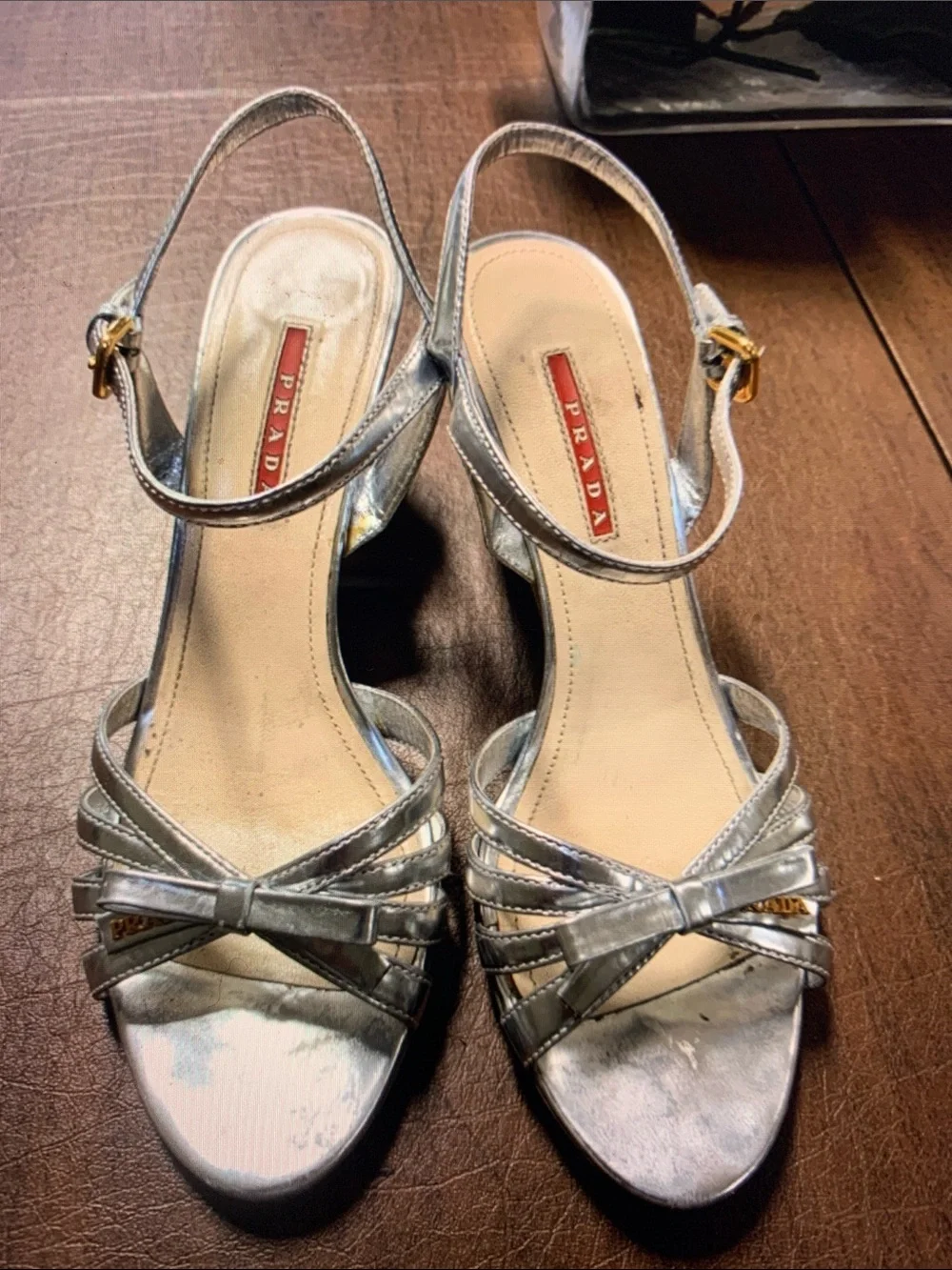 Prada Silver patten leatherDonna Bow cork wedge sandals